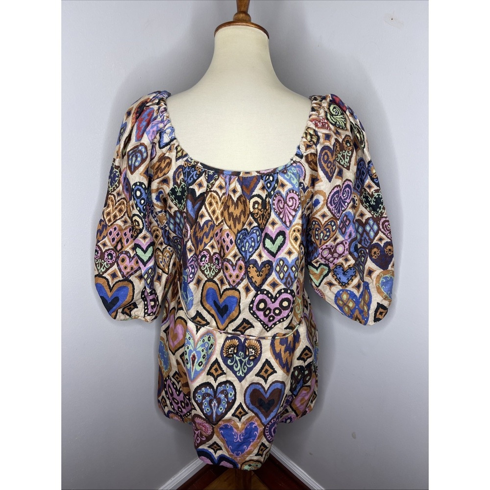 NEW FARM RIO Cream Hearts Ikat Puff Sleeve Dress Sz Small - Picture 4 of 11